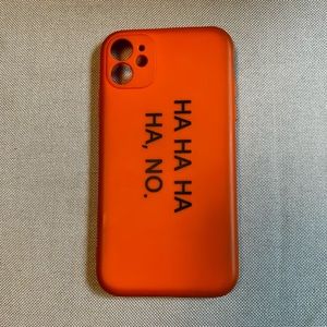 iPhone 11 case, orange with black lettering